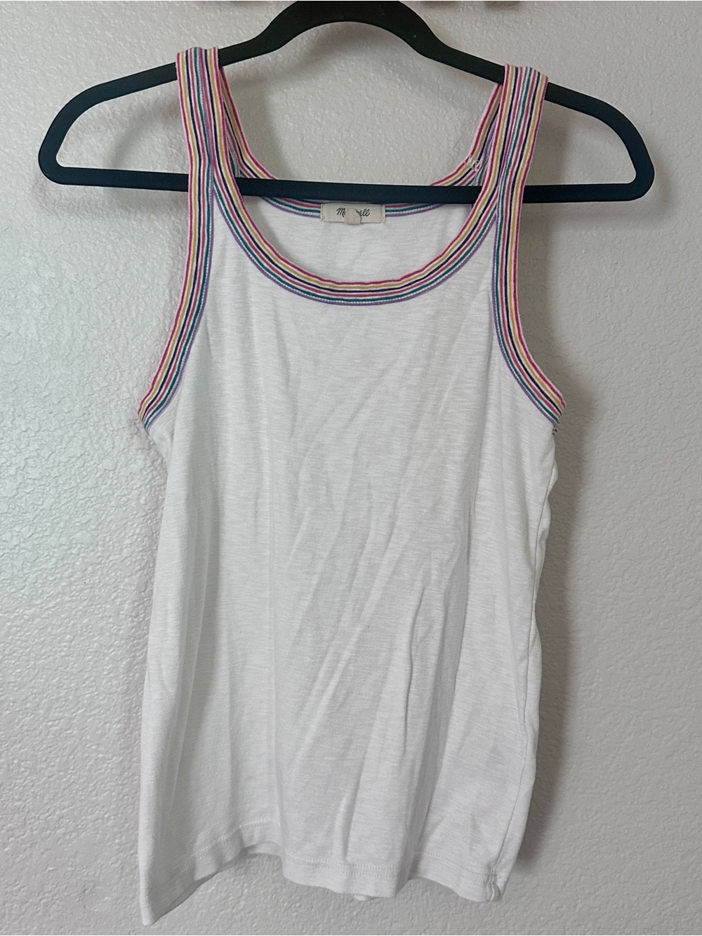 Madewell White Tank with Rainbow Stripe Trim